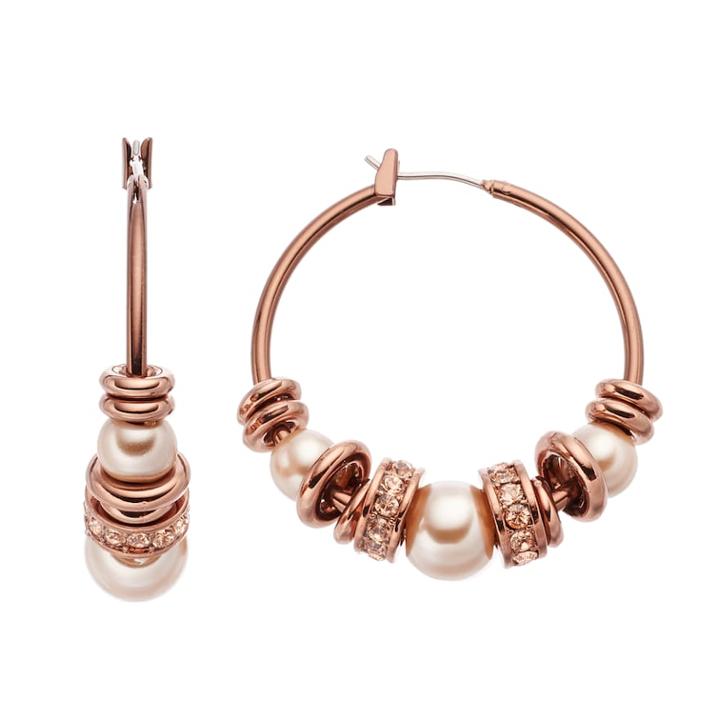 Simply Vera Vera Wang Rose Gold-tone Beaded Hoop Earrings, Women's, Beige