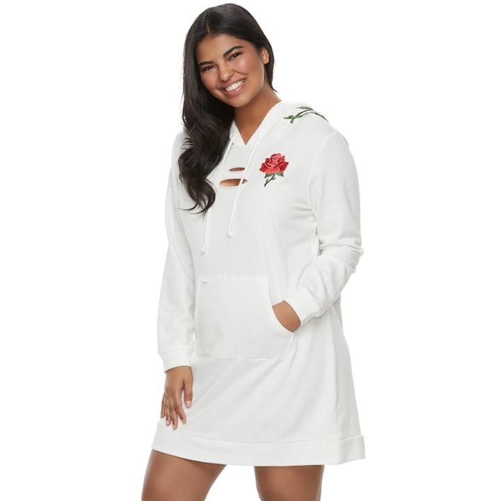 Juniors' Plus Size Almost Famous Floral Applique Hooded Dress, Teens, Size: 2xl, White