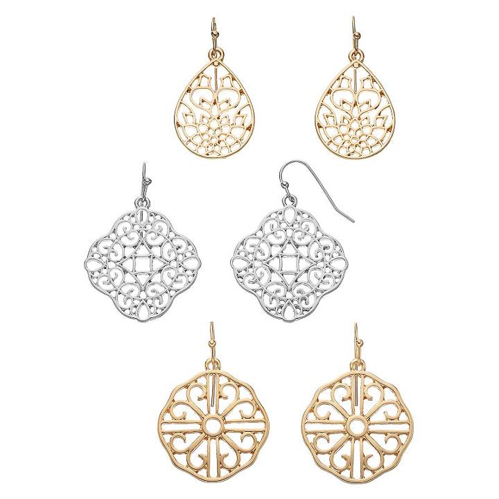 Filigree Quatrefoil, Disc & Teardrop Earring Set, Women's, Multicolor