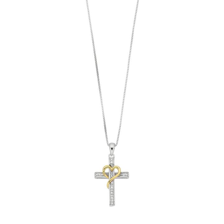 Two Tone 10k Gold Over Silver 1/10 Carat T.w. Diamond Cross & Heart Pendant Necklace, Women's, Size: 18, White