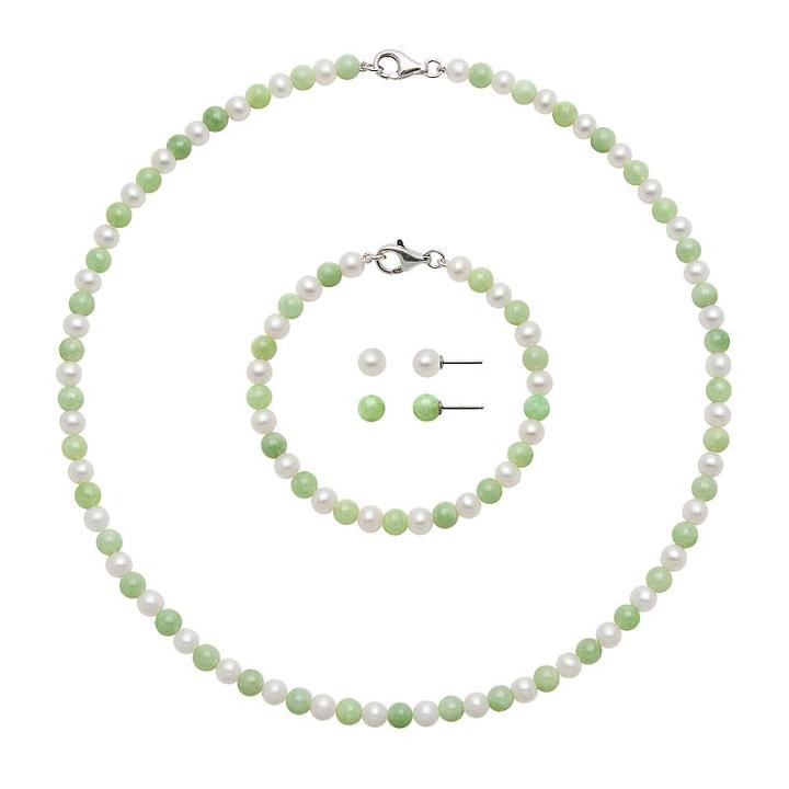 Sterling Silver Freshwater Cultured Pearl And Jade Necklace, Bracelet And Stud Earring Set, Women's, Green