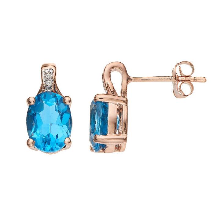 14k Rose Gold Over Silver Blue Topaz & Diamond Accent Oval Stud Earrings, Women's