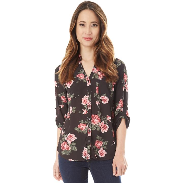 Juniors' Iz Byer Roll-tab Shirt, Teens, Size: Large, Black Red Floral