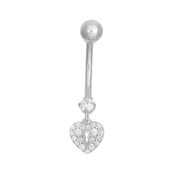 10k White Gold Cubic Zirconia Heart Lock Belly Ring, Women's