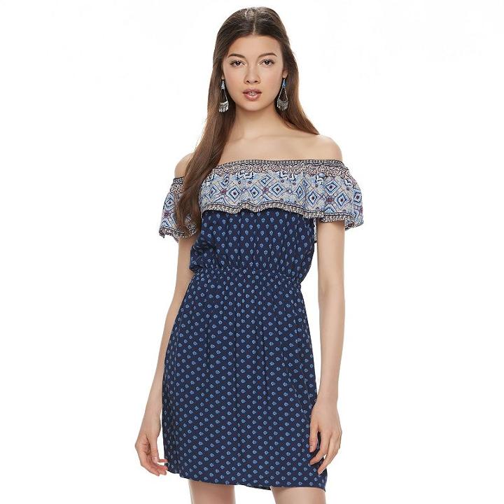 Juniors' Almost Famous Print Off The Shoulder Dress, Girl's, Size: Small, Brt Blue