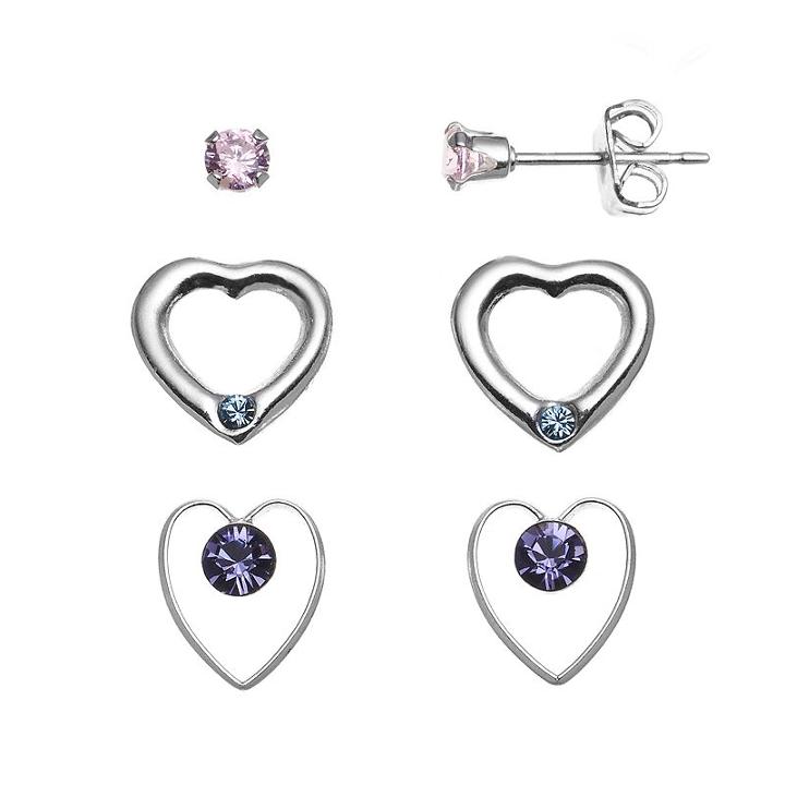 Charming Girl Kids' Sterling Silver Cubic Zirconia Stud & Crystal Heart Earring Set - Made With Swarovski Crystals, Multicolor