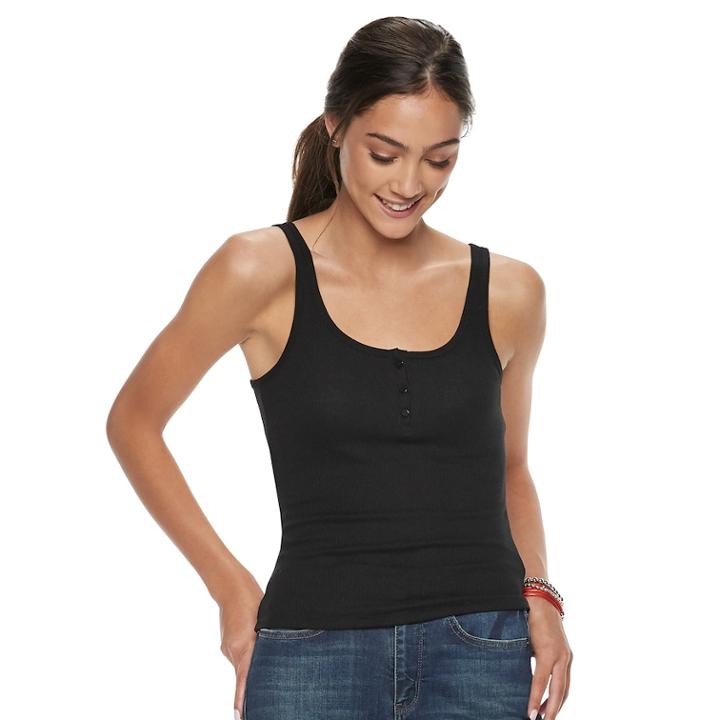 Juniors' So&reg; Ribbed Henley Tank, Teens, Size: Small, Black