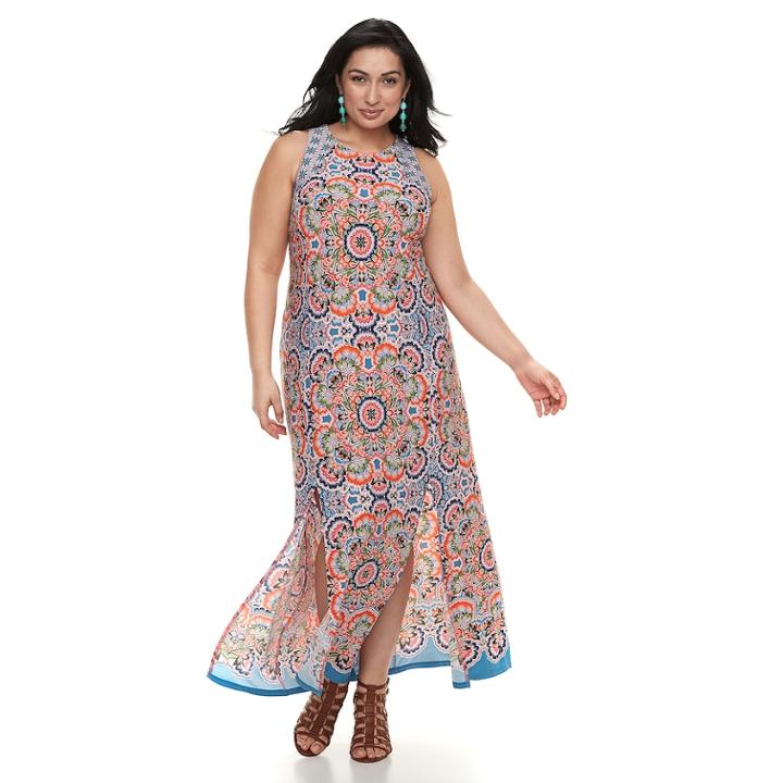 Plus Size Suite 7 Slit Maxi Dress, Women's, Size: 1xl, Orange Floral