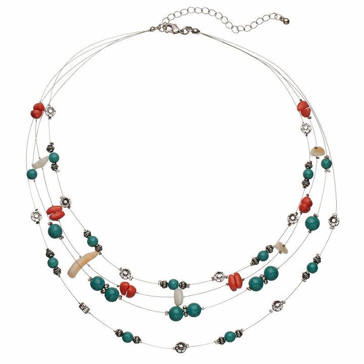 Flower & Simulated Turquoise Multi Strand Station Necklace, Women's, Multicolor