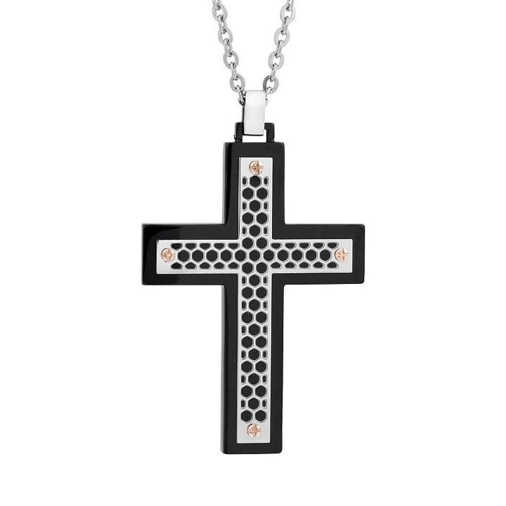 Lynx Stainless Steel Tri-tone Cutout Cross Pendant Necklace - Men, Size: 22, Grey