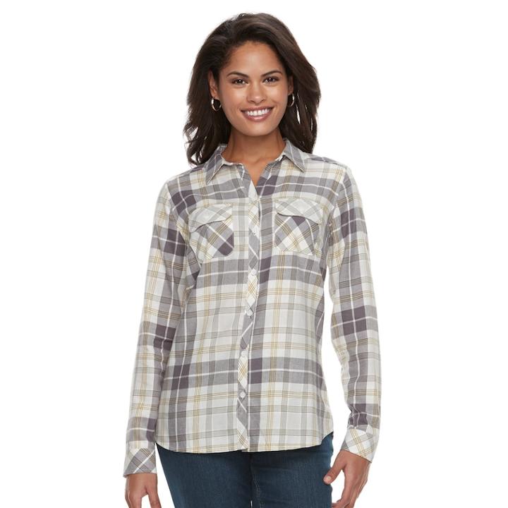 Women's Croft & Barrow&reg; Flannel Plaid Button-down Shirt, Size: Xl, Natural