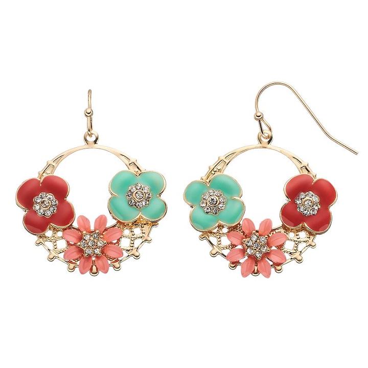 Lc Lauren Conrad Flower Nickel Free Drop Hoop Earrings, Women's, Multicolor