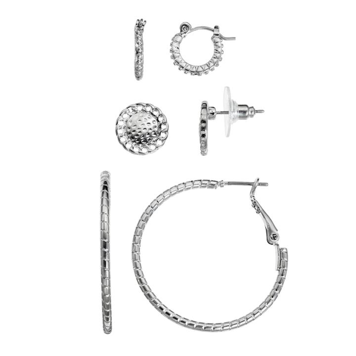 Nickel Free Beaded, Twisted & Hammered Earring Set, Women's, Silver