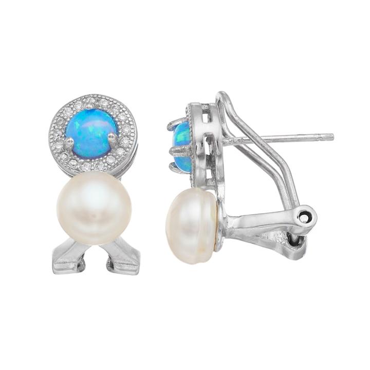Sterling Silver Freshwater Cultured Pearl & Lab-created Blue Opal Drop Earrings, Women's, White