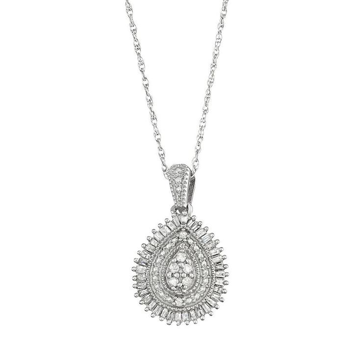 Sterling Silver 1/3 Carat T.w. Diamond Teardrop Pendant, Women's, Size: 18, White