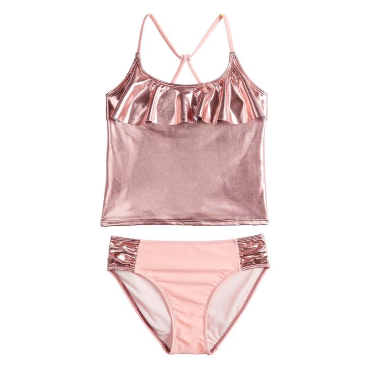 Girls 4-16 So&reg; Watch Me Shine Ruffled Pink Tankini Swimsuit Set, Size: 10