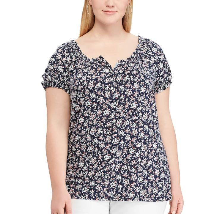 Plus Size Chaps Print Top, Women's, Size: 2xl, Blue (navy)
