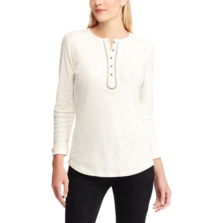 Women's Chaps Embellished Henley Top, Size: Medium, Natural
