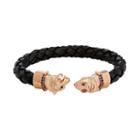 Men's Stainless Steel & Black Leather Cubic Zirconia Panther Cuff Bracelet, Size: 8.5