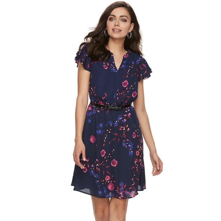 Women's Elle&trade; Print Layered-sleeve Fit & Flare Dress, Size: Medium, Blue (navy)
