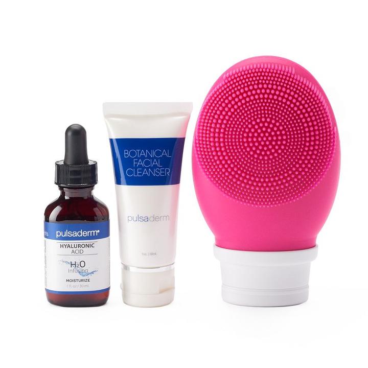 Pulsaderm My Sonic Washcloth With Botanical Facial Cleanser & Hyaluronic Acid Serum, Pink