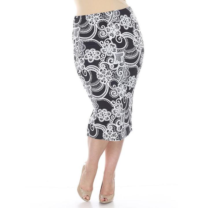 Plus Size White Mark Print Pencil Skirt, Women's, Size: 3xl, Oxford
