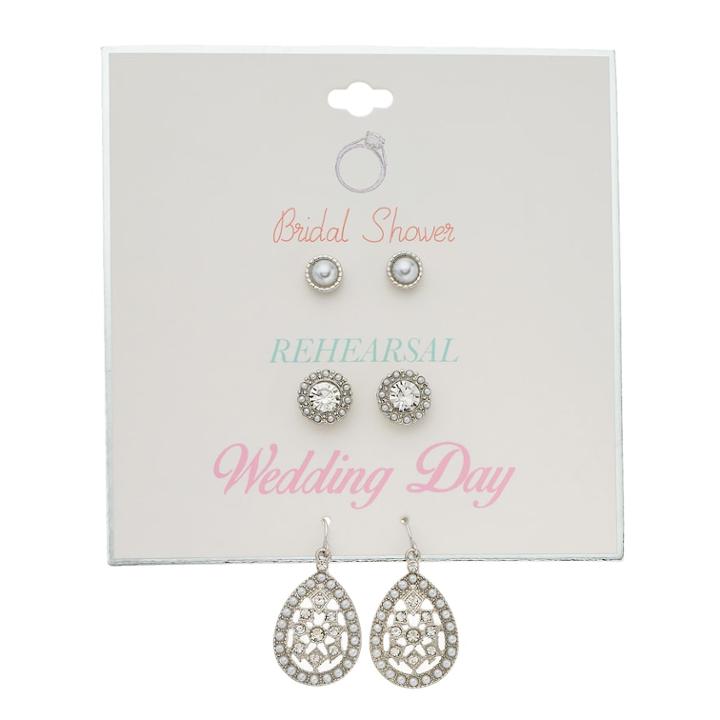 Bridal Simulated Crystal Stud & Drop Nickel Free Earring Set, Women's, Silver