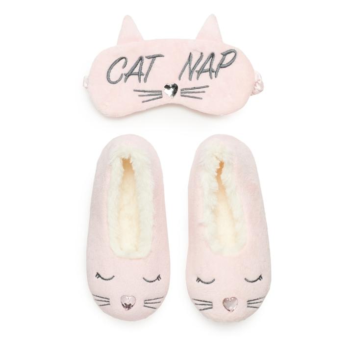 Girls 4-16 Elli By Capelli Kitty Cat Slipper & Eye Mask Set, Size: 10/11, Dark Pink