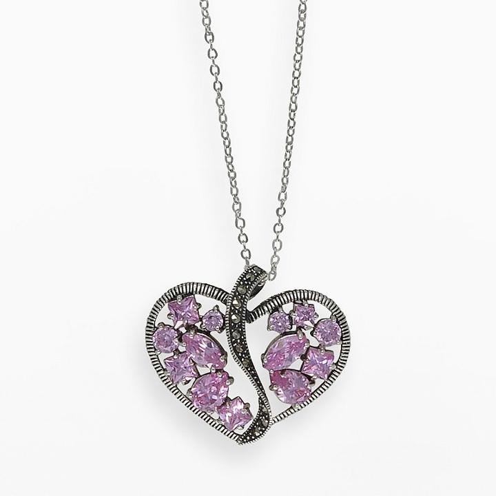 Lavish By Tjm Sterling Silver Pink Cubic Zirconia Openwork Heart Pendant - Made With Swarovski Marcasite, Women's, Size: 18