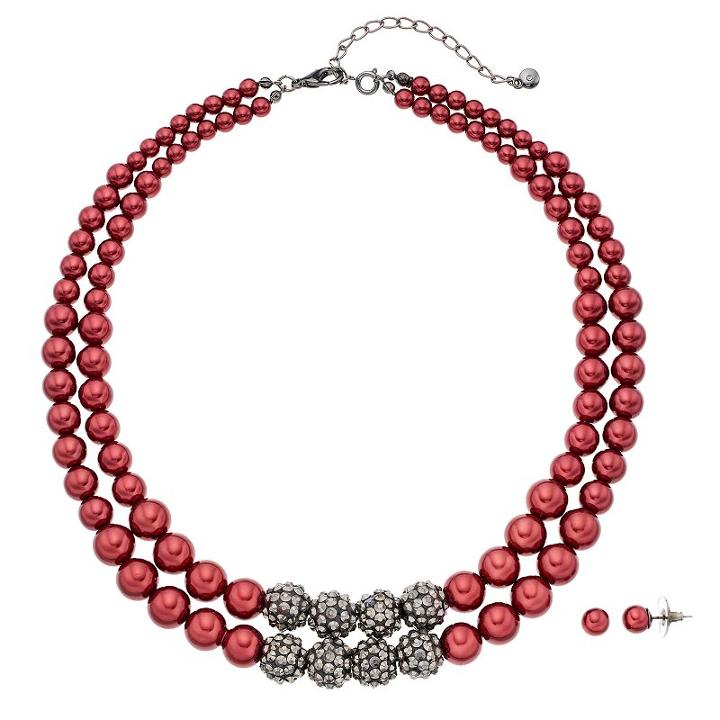 Red Beaded Double Strand Necklace & Stud Earring Set, Women's, Multicolor