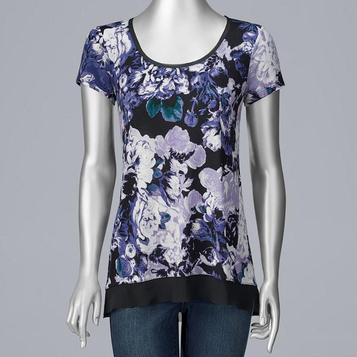 Petite Simply Vera Vera Wang Print Chiffon-trim Tee, Women's, Size: Xs Petite, Drk Purple