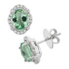 Green Obsidian And Cubic Zirconia Platinum Over Silver Tiered Oval Halo Stud Earrings, Women's
