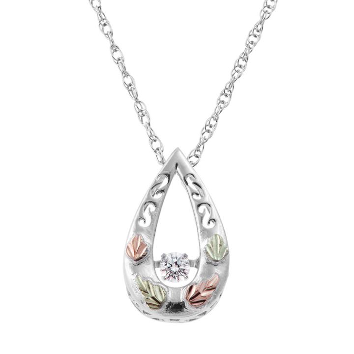 Black Hills Gold Tri Tone 1/10 Carat T.w. Diamond Leaf Teardrop Pendant In Sterling Silver, Women's, Size: 18