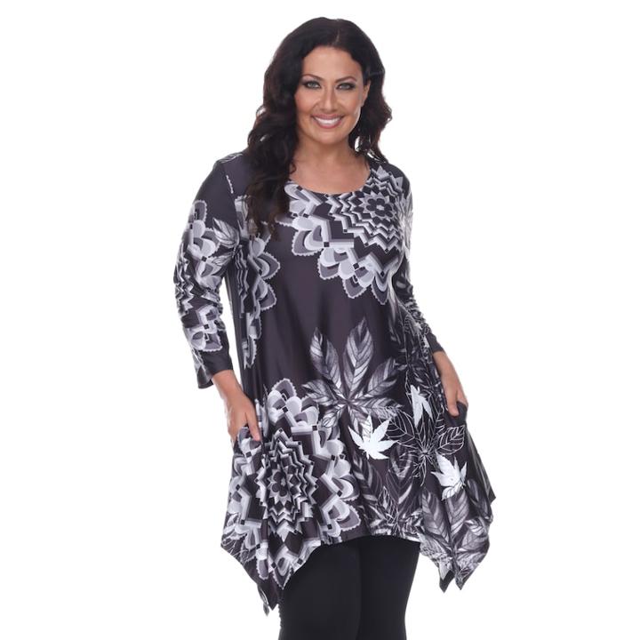 Plus Size White Mark Scroll Shark-bite Tunic, Women's, Size: 3xl, Bena Black