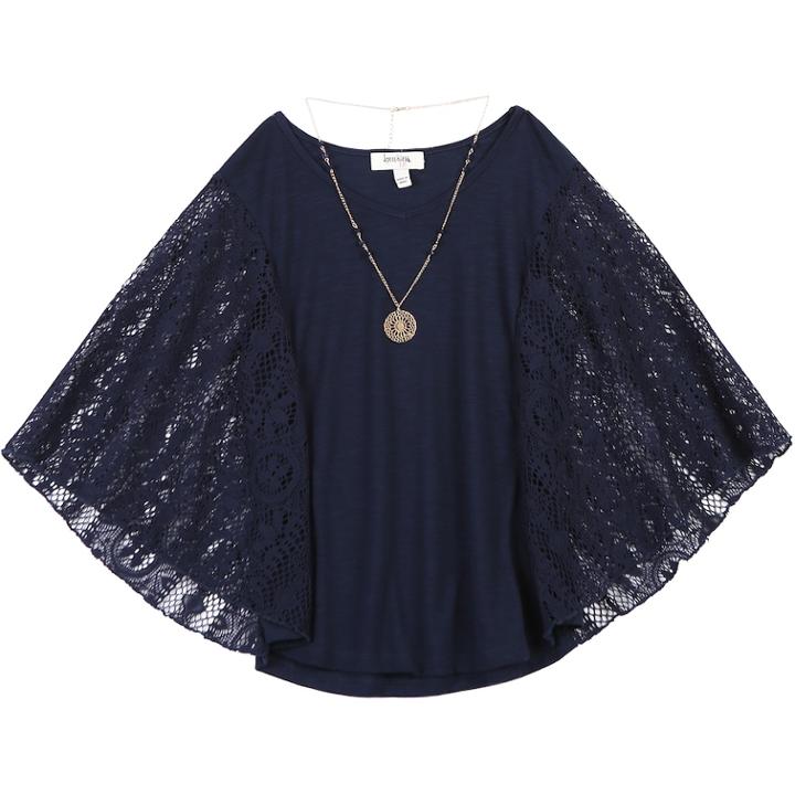 Girls 7-16 Speechless Lace Sleeves Circle Top & Necklace Set, Size: Large, Blue (navy)
