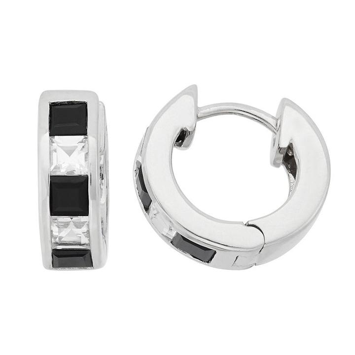 Onyx And Lab-created White Sapphire Sterling Silver Huggie Hoop Earrings, Women's, Black
