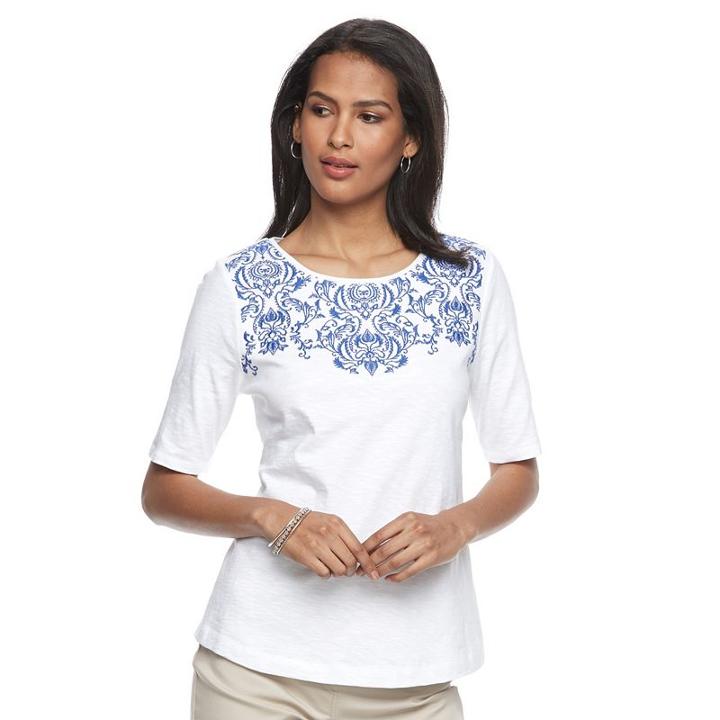 Women's Croft & Barrow&reg; Embroidered Yoke Tee, Size: Small, White