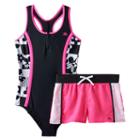 Girls Plus Size Zeroxposur Geometric Colorblock One-piece Racerback Swimsuit & Shorts Set, Girl's, Size: 18 1/2, Med Pink