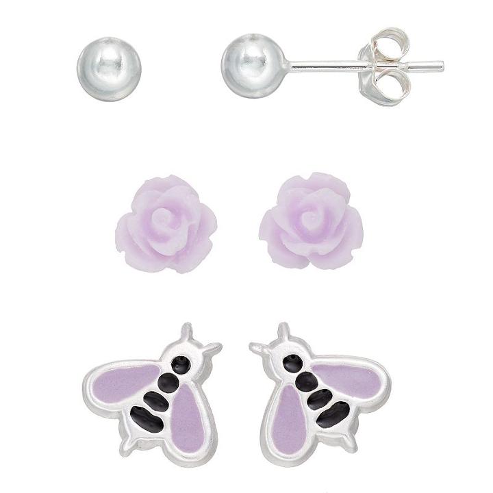 Charming Girl Kids' Sterling Silver Ball, Flower & Bee Stud Earring Set, Pink