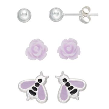 Charming Girl Kids' Sterling Silver Ball, Flower & Bee Stud Earring Set, Pink