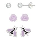 Charming Girl Kids' Sterling Silver Ball, Flower & Bee Stud Earring Set, Pink
