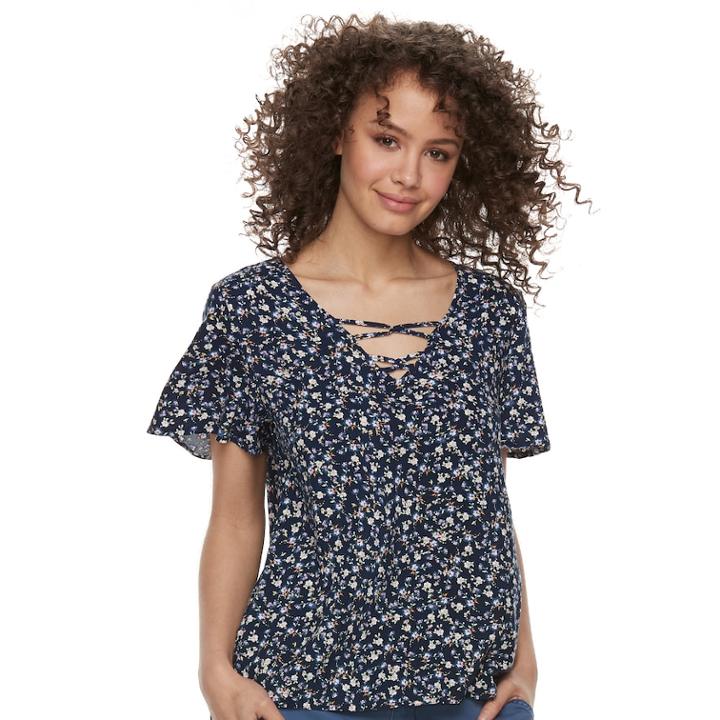 Juniors' So&reg; Lace-up Floral Flutter Sleeve Top, Teens, Size: Small, Blue