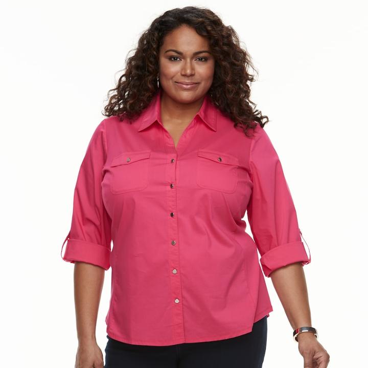 Plus Size Croft & Barrow&reg; Knit-to-fit Roll-tab Shirt, Women's, Size: 3xl, Pink