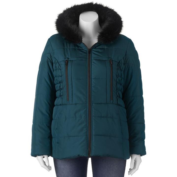 Juniors' Plus Size Pink Envelope Faux-fur Hood Puffer Jacket, Girl's, Size: 2xl, Dark Green