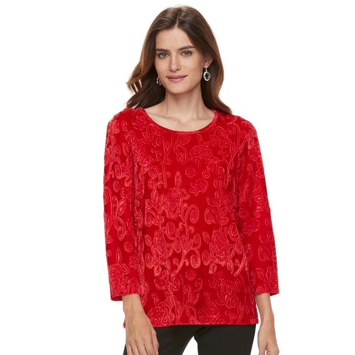 Women's Cathy Daniels Floral Velour Top, Size: Xl, Red