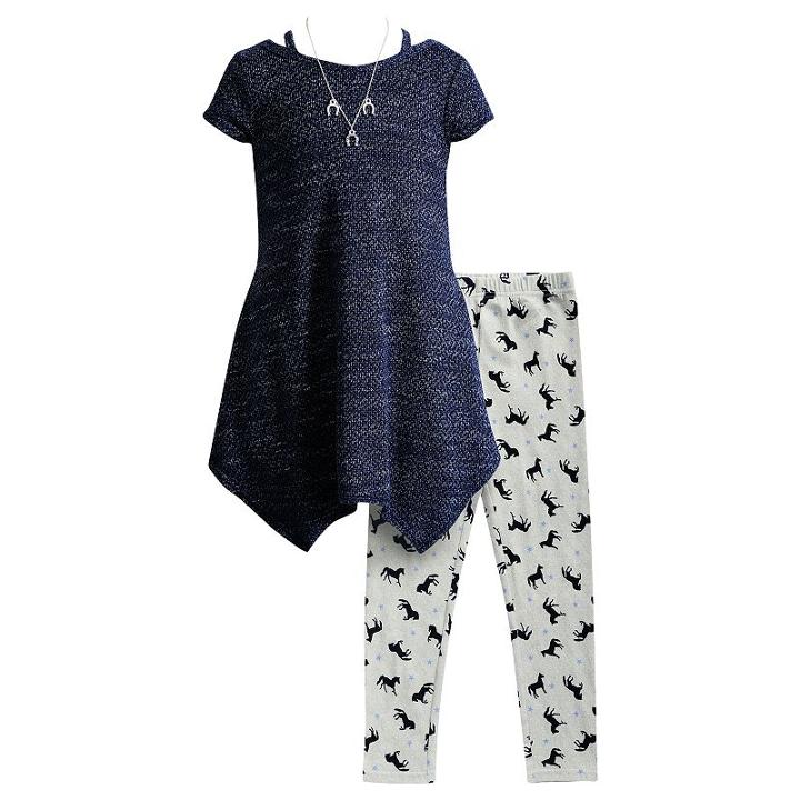 Girls 4-6x Youngland Mini Dress, Printed Leggings & Removable Necklace Set, Size: 5, Blue