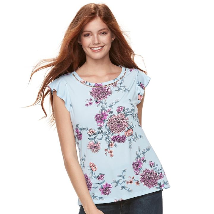 Juniors' Candie's&reg; Simulated Pearl-trim Flutter Tee, Teens, Size: Large, Light Blue