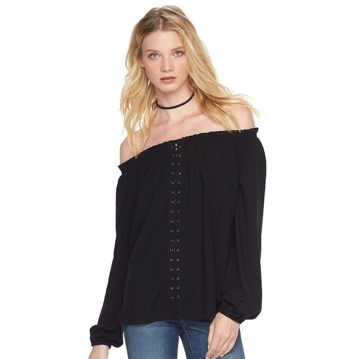 Women's Rock & Republic&reg; Off-the-shoulder Lace Up Top, Size: Medium, Black