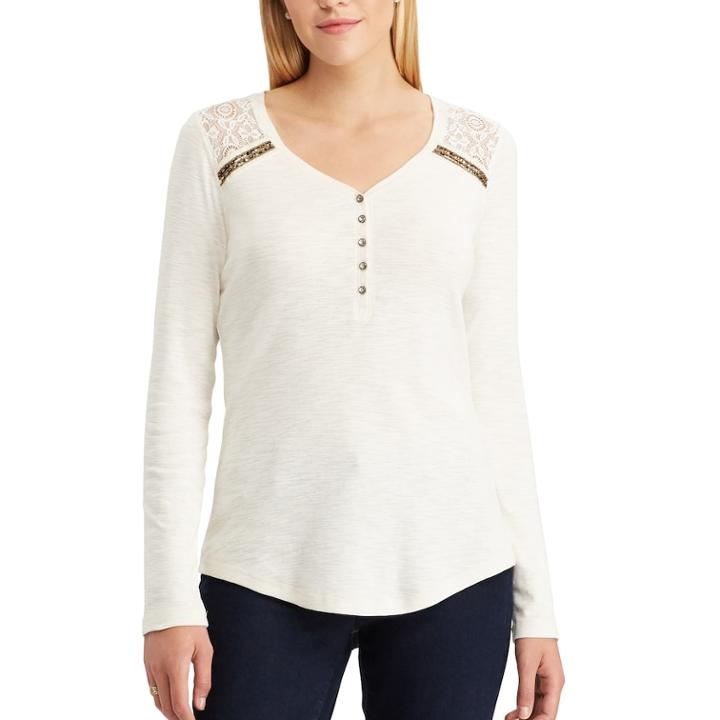 Women's Chaps Lace-trim Henley, Size: Xs, Natural