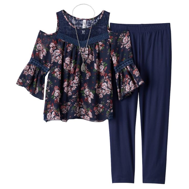 Girls 7-16 & Plus Size Knitworks Cold Shoulder Crochet Chiffon Top & Leggings Set With Necklace, Size: Xl, Blue (navy)